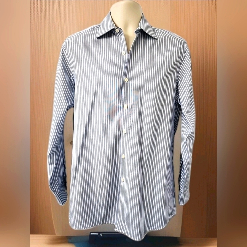 MICHAEL Michael KORS Blue  White Striped Long Sleeve No Iron Dress Shirt 15 32/3